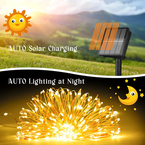 Solar panel and glowing 200 Led 72Ft Outdoor Solar String Lights Waterproof With 8 Modes Twinkle Warm White