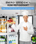 Chef pointing at Heavy Duty Four Door Commercial Refrigerator With Stainless Steel Reach In Build And Fast Fan Cooling Delivers Thirty Six Cubic Feet Of Legit Cold Storage For Busy Restaurants Bars And Shops Needing Serious Workhorse Reliability Daily.