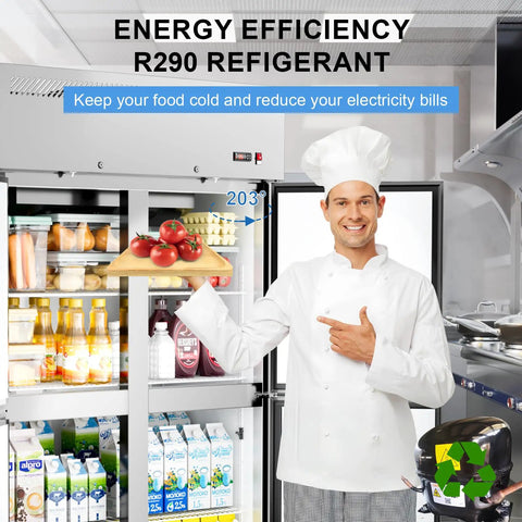 Chef pointing at Heavy Duty Four Door Commercial Refrigerator With Stainless Steel Reach In Build And Fast Fan Cooling Delivers Thirty Six Cubic Feet Of Legit Cold Storage For Busy Restaurants Bars And Shops Needing Serious Workhorse Reliability Daily.