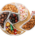 Ceramic Rotating Serving Tray With Six Removable Compartments Lazy Susan Style 11 Inch Divider Set displayed with snacks