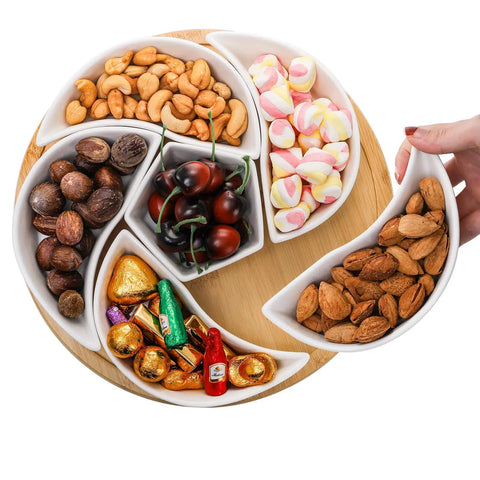 Ceramic Rotating Serving Tray With Six Removable Compartments Lazy Susan Style 11 Inch Divider Set displayed with snacks