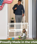 Recycled Plastic Baby Gate Pressure Mounted Doorway Safety Barrier Indoor Outdoor Use No Hassle Setup in a home setting.