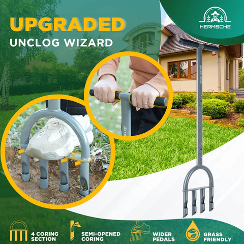 Manual Lawn Aerator Core Plug Tool with slope top four tine slots, showing 31.8 inch handle in use, anti-oxidation, heavy duty build.