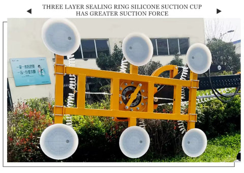 Industrial Electric Glass Lifter Offering Hardcore Vacuum Suction Grips And Multi Cup Handles For Slick Curtain Wall Installations And No Sweat Job Sites featuring four large silicone suction cups.