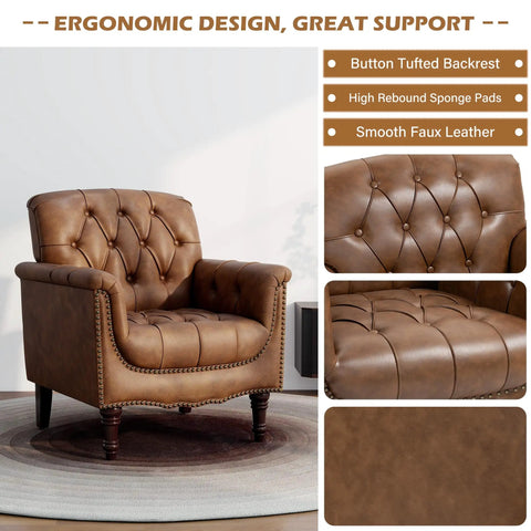 Faux Leather Accent Chair with Button Tufting, Brown Upholstery, Retro Modern Vibe, Sturdy 440 Lb Weight Capacity for Living Room