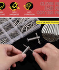Stainless Steel Clevis Pin And Clips Kit 122 Piece Assortment With 9 Styles M4 M6 M8 Clevis Pins And M1.5 M2 M3 Cotter Pins R Clips Hair Pins In 304 Stainless Steel Packed In A Handy Plastic Box For Easy Storage And Fast DIY Projects, showing box and pins