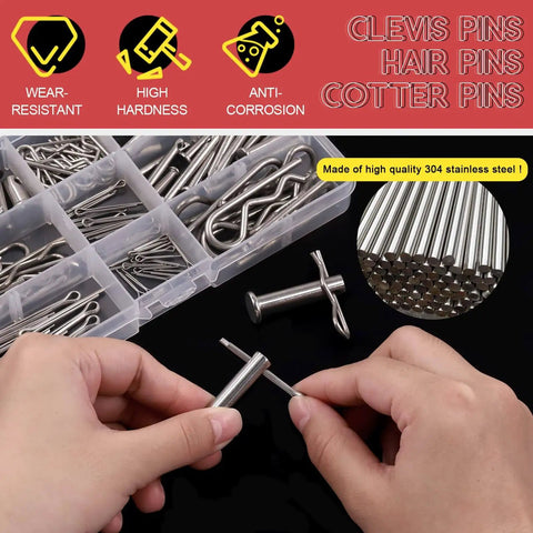 Stainless Steel Clevis Pin And Clips Kit 122 Piece Assortment With 9 Styles M4 M6 M8 Clevis Pins And M1.5 M2 M3 Cotter Pins R Clips Hair Pins In 304 Stainless Steel Packed In A Handy Plastic Box For Easy Storage And Fast DIY Projects, showing box and pins