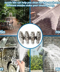 Four Way Pressure Washer Nozzle With One Fourth Inch Quick Connect For 4 GPM Units, Four Cleaning Modes Including Zero Degree And Twenty Five Degree Spray, Soft Wash System Tip, High Pressure Cleaning Tool For Home Use shown cleaning various surfaces including patio, roof, car, and wall.