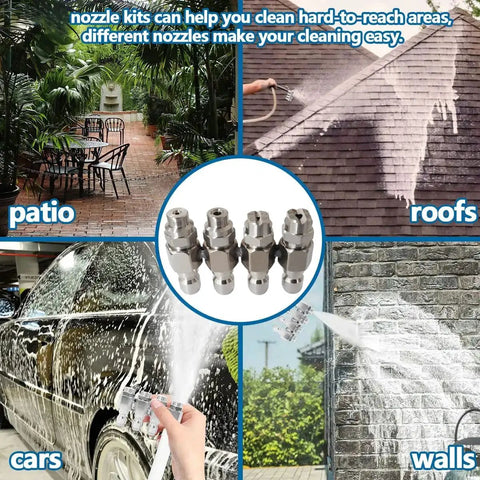 Four Way Pressure Washer Nozzle With One Fourth Inch Quick Connect For 4 GPM Units, Four Cleaning Modes Including Zero Degree And Twenty Five Degree Spray, Soft Wash System Tip, High Pressure Cleaning Tool For Home Use shown cleaning various surfaces including patio, roof, car, and wall.