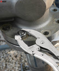 10 Inch Curved Jaw Locking Pliers Set With 2.5 Inch Opening And 65mm Max Capacity, clamping a pipe fitting, heavy duty tool in use