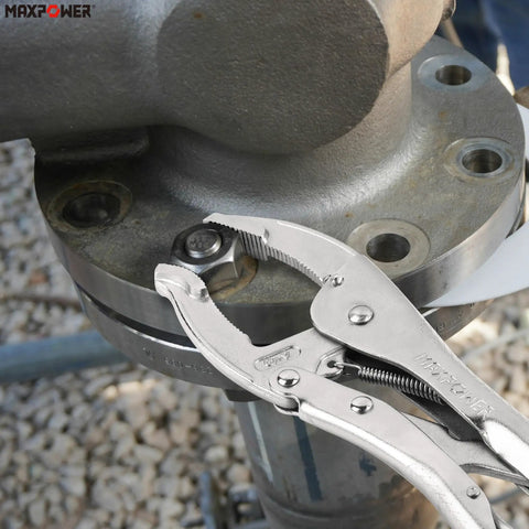 10 Inch Curved Jaw Locking Pliers Set With 2.5 Inch Opening And 65mm Max Capacity, clamping a pipe fitting, heavy duty tool in use