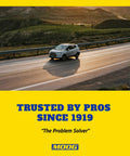 Car driving on open highway at sunset, showcasing Moog's trusted automotive solutions since 1919 with tagline 'The Problem Solver'.