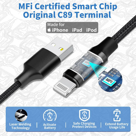 MFi certified Lightning cable for Dual USB Fast Car Charger 4.8A with 6ft coiled cable, original C89 terminal, iPhone and iPad compatible.