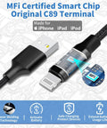 Close-up of Lightning braided cable highlighting MFi Certified smart chip for iPhone, part of the MFi Certified Dual USB Car Charger With 12W Fast Charge, Cigarette Lighter Power Adapter, 4.8A Peak, Includes 2 Pack Lightning Braided Cables For iPhone 14 13 12 11 Pro XS Mini XR X SE And iPad.