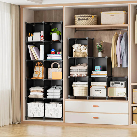 16 Cube Storage Organizer With Cube Shelves For Closet And Playroom, ideal for clothes, toys, books, black storage unit in closet