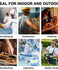 Collage of six activities: paint spraying, construction, polishing, woodworking, laboratory work, garden yardwork.