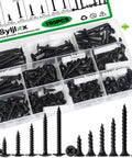 195 Piece Black Wood Screws And Drywall Screws Kit With Flat Head And Phillips Truss Head Self Tapping Screws For Wood And Sheetrock Including Size Six And Size Eight For Quick DIY Projects, showing assorted screws in a plastic case