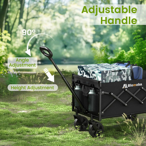 Lightweight Foldable Wagon With 360 Degree Wheels And Flexible Handle, 220 lb Load Capacity, Collapsible Cart displayed outdoors