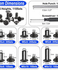 Premium 110 Set Chicago Screws And Leather Rivets Assorted Binding Fasteners sizing details, with tools for DIY leather craft.