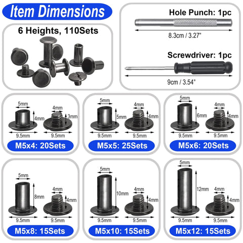 Premium 110 Set Chicago Screws And Leather Rivets Assorted Binding Fasteners sizing details, with tools for DIY leather craft.