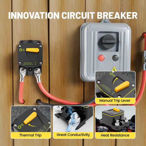 Beefy 300A DC Circuit Breaker Switch Manual Reset for 12-24V Systems installed with red wires highlighting features.