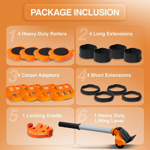 Package inclusion of Heavy Duty Furniture Lifter And Moving Kit Lift And Glide Couches Beds And Appliances No Back Strain Move Easy Four Roller Sliders Each 660 Lbs Adjustable Height Lifter Carpet Adapters For All Floor Types