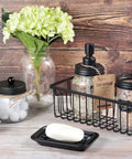 Farmhouse Metal Wire Bathroom Storage Organizer Baskets Two Pack Space Saving Declutter featuring one basket holding soap and toothbrushes.