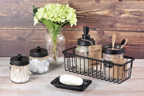 Farmhouse Metal Wire Bathroom Storage Organizer Baskets Two Pack Space Saving Declutter featuring one basket holding soap and toothbrushes.