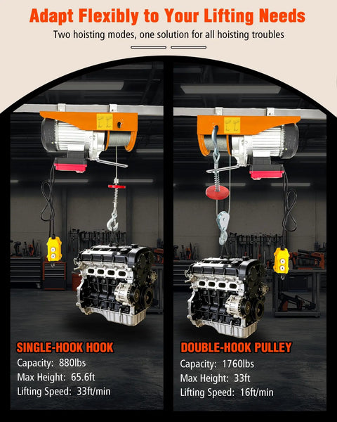 Heavy Duty Electric Hoist With Remote Control 1760 Lb Winch featuring single and double-hook configurations in a garage setting
