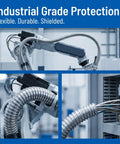 Heavy Duty Flexible Stainless Steel Electrical Wiring Conduit with Dang Smooth Burr Free Bore routing cables in industrial setting.