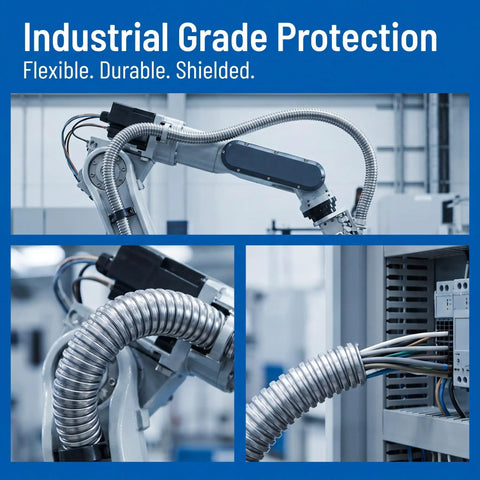 Heavy Duty Flexible Stainless Steel Electrical Wiring Conduit with Dang Smooth Burr Free Bore routing cables in industrial setting.