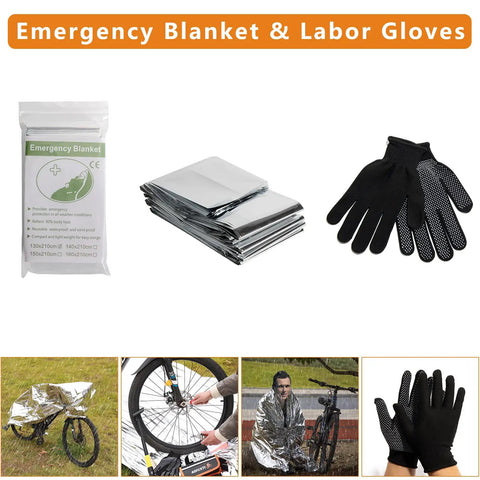 Emergency blanket and labor gloves for Sixteen In One Bicycle Repair Toolkit With Tire Patch Kit, chain repair wrench included.