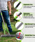 Person using 15 Inch Thatching Rake For Lawns With 5 Foot Handle Beefy Heavy Duty Dethatcher Rake With Adjustable Head For Removing Dead Grass And Clippings Loosening Soil For A Healthier Happier Lawn