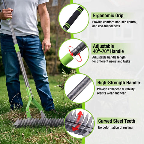 Person using 15 Inch Thatching Rake For Lawns With 5 Foot Handle Beefy Heavy Duty Dethatcher Rake With Adjustable Head For Removing Dead Grass And Clippings Loosening Soil For A Healthier Happier Lawn