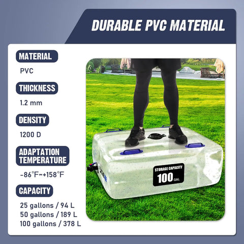 Person standing on 50 Gallon Collapsible Water Storage Bladder With Spigot For Emergency Prep, PVC material, outdoors