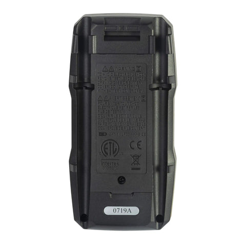 Back view of Dm6410 8 Function Digital Multimeter With Large LCD Display And Data Hold, showing model information and certification labels.
