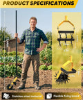 Person holding 2-In-1 Manual Rotary Cultivator And Weeder With Adjustable Long Handle, 72.4 Inch, Heavy Duty 3-Blade Steel Tiller for gardens.