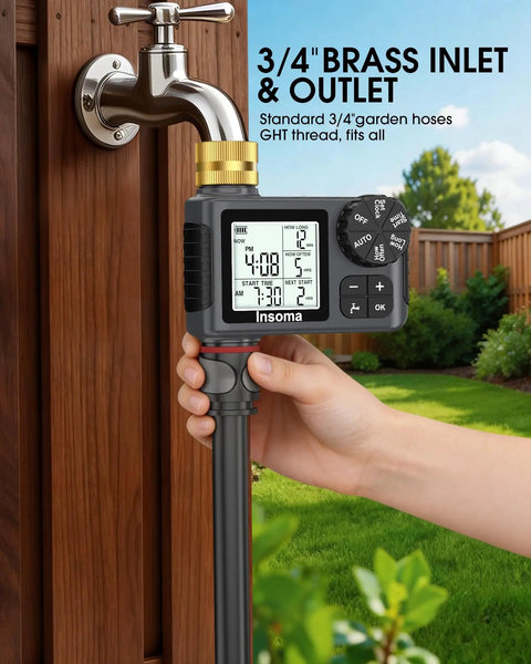 Water Timer For Garden Hose With Brass Inlet And One Outlet Sprinkler Timer Auto Manual Rain Delay Mode Large LCD Display attached