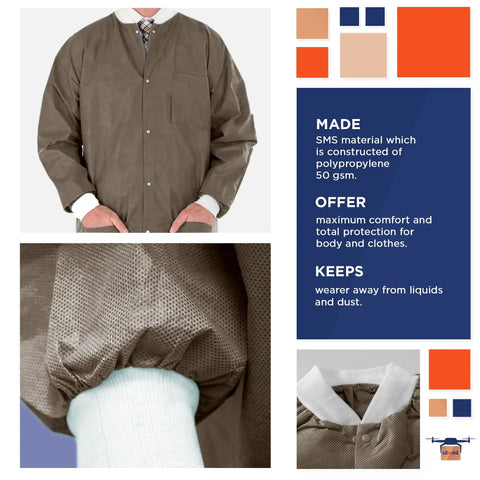 Disposable Lab Jacket Pack Of 10 Coffee Hip Length 30 Inches Long Unisex PPE Coat With Snaps Front Knit Cuffs Collar And Three Pockets Lightweight 50 GSM Workwear; front view with knit cuff detail