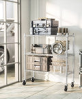 Three Tier Storage Shelves On Casters Heavy Duty Chrome Metal Shelving With Locking Wheels, Rust Resistant Garage Organizer For Home, Workshop Or Laundry, Mobile Shelving Rack in garage