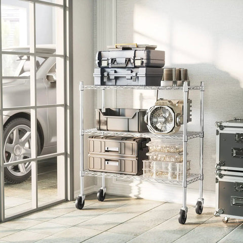 Three Tier Storage Shelves On Casters Heavy Duty Chrome Metal Shelving With Locking Wheels, Rust Resistant Garage Organizer For Home, Workshop Or Laundry, Mobile Shelving Rack in garage