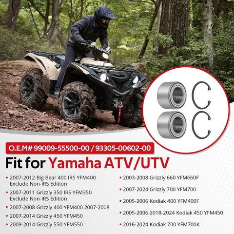 ATV navigating rough trail, showcasing Rear Beefed Up Heavy Duty Wheel Bearing Kit For Grizzly 700 660 550 450 400 350 IRS Kodiak 700 450 400 Big Bear 400 IRS ATV UTV Replacement Parts For Enhanced Traction And Smooth Rolling On Rough Trails with inset of bearings and circlips.