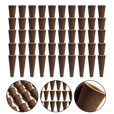 Cone Shaped Grow Sponges For Cloning And Germination, 50 Pack Plant Starter Pods shown in rows with close-up details