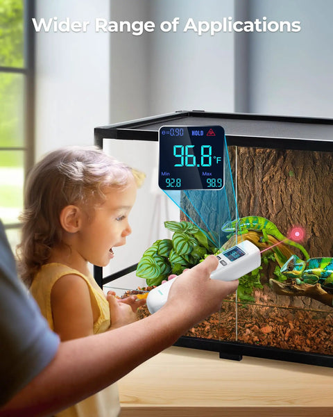 Child observing reptile tank with 2-In-1 Infrared Thermometer Gun With Meat Probe Handy Digital Laser Temp Meter in use