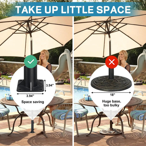 Comparison of compact Heavy Duty Patio Umbrella Base Mount for 1 to 1.8 inch poles and bulky standard base by pool