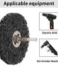 Durable 4 Inch Abrasive Strip Wheels With 6MM Shank For Drill Bit shown with electric drill and die grinder machine for stripping surfaces.