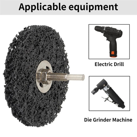 Durable 4 Inch Abrasive Strip Wheels With 6MM Shank For Drill Bit shown with electric drill and die grinder machine for stripping surfaces.
