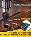 10 Size Step Drill Bit Set For Metal Sheets From One Quarter Inch To One And Three Eighths Inch HSS Titanium Coated Cone Bits For Hole Drilling And Cutting Multi Size Unibit By Anfrere in use on metal sheet