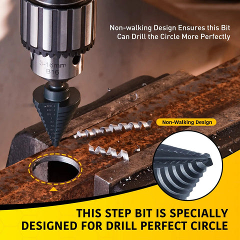 10 Size Step Drill Bit Set For Metal Sheets From One Quarter Inch To One And Three Eighths Inch HSS Titanium Coated Cone Bits For Hole Drilling And Cutting Multi Size Unibit By Anfrere in use on metal sheet