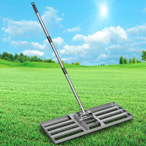 30-Inch By 10-Inch No-Fuss Pro-Grade Lawn Leveling Rake Heavy Duty Garden Tool Against Scenic Lawn Background